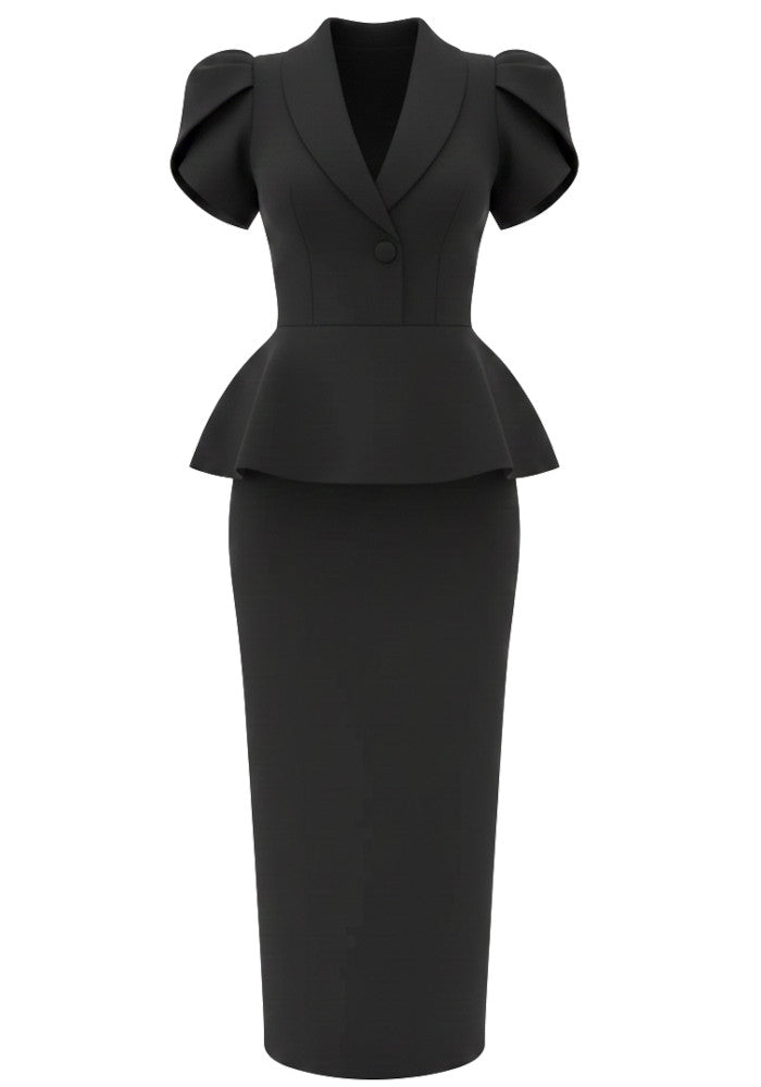 Short Sleeve Peplum Midi Dress Black