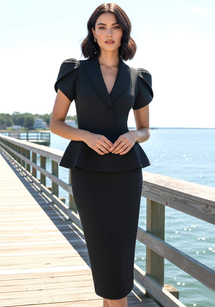 Short Sleeve Peplum Midi Dress Black