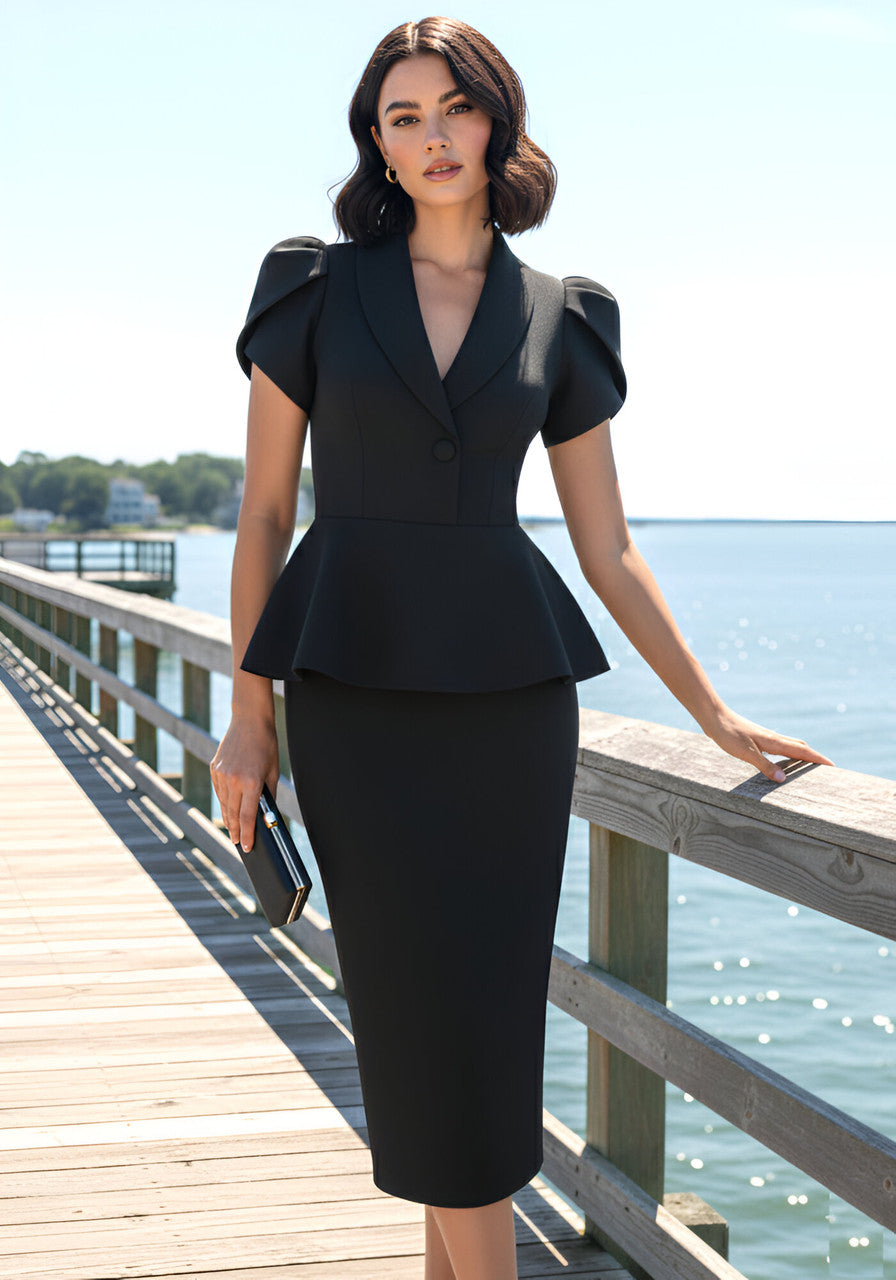 Short Sleeve Peplum Midi Dress Black