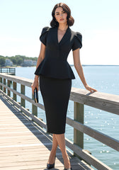 Short Sleeve Peplum Midi Dress Black