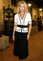 Short Sleeve Pleated Midi Dress Black White
