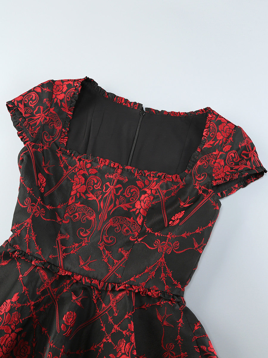 Short Sleeve Printed A Line Dress Black Red