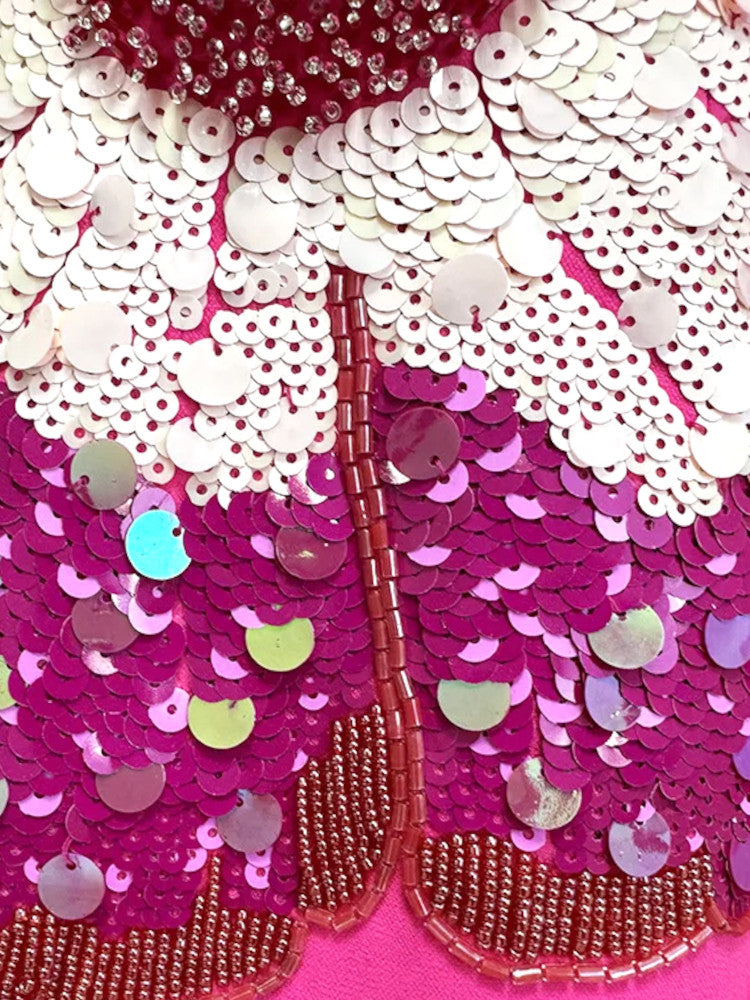 Short Sleeve Sequin Floral Detail Midi Dress Hot Pink