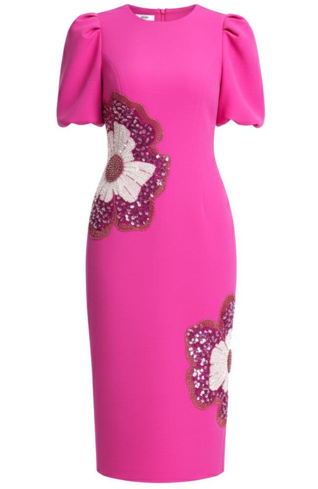 Short Sleeve Sequin Floral Detail Midi Dress Hot Pink