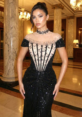 Short Sleeve Sequin Structured Maxi Dress Black
