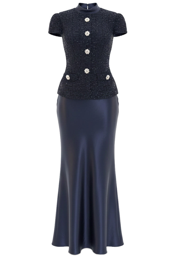 Short Sleeve Two Piece Maxi Dress Navy Blue