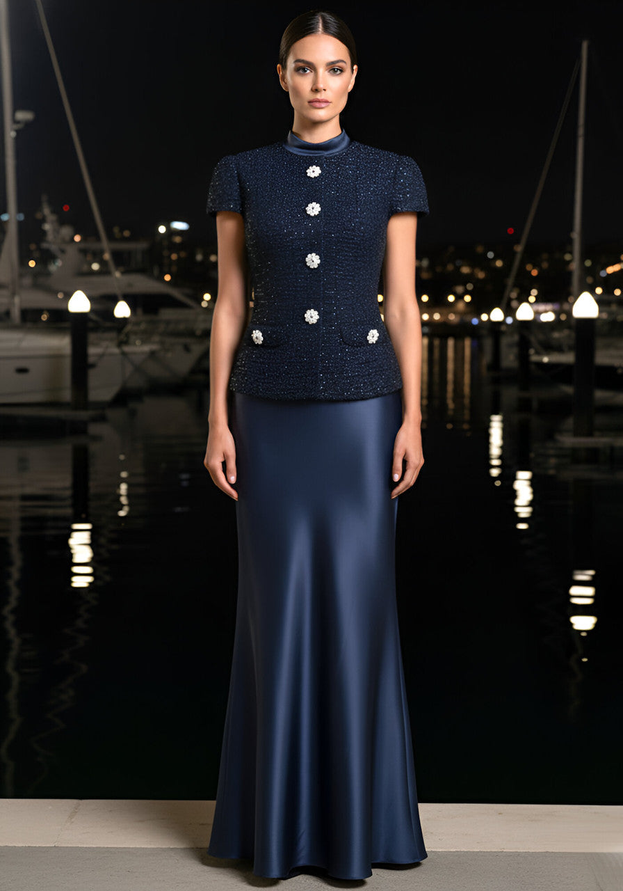 Short Sleeve Two Piece Maxi Dress Navy Blue