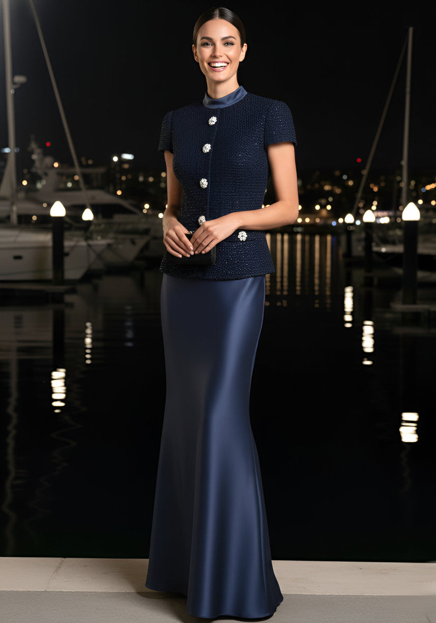 Short Sleeve Two Piece Maxi Dress Navy Blue