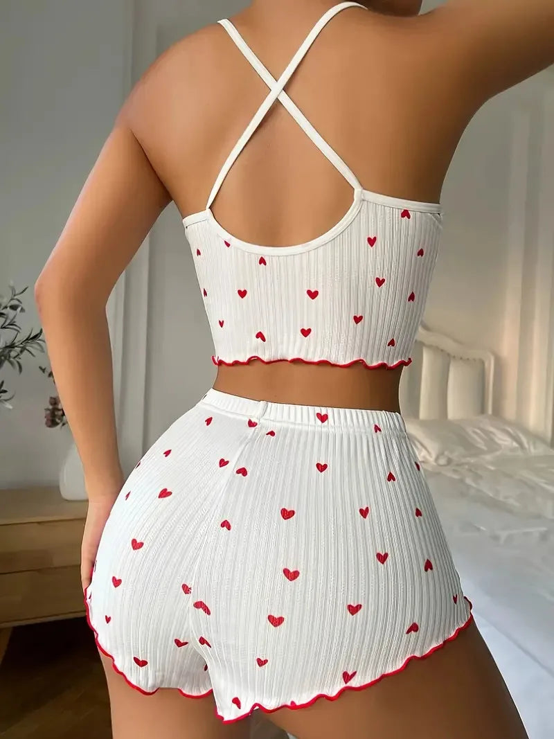 Sleepwear Pajamas Set Heart Print Soft Ribbed Fabric with Flirty Frill Trim Casual Cami Top and Shorts Sets Loungewear