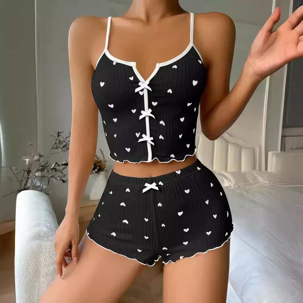 Sleepwear Pajamas Set Heart Print Soft Ribbed Fabric with Flirty Frill Trim Casual Cami Top and Shorts Sets Loungewear