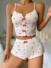 Sleepwear Pajamas Set Heart Print Soft Ribbed Fabric with Flirty Frill Trim Casual Cami Top and Shorts Sets Loungewear
