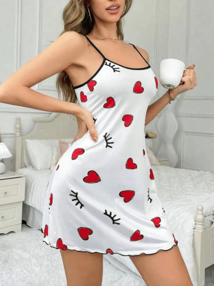 Sleepwear Lingerie Butterfly Printed Slip Nightdress Round Neck Sleep Dress Split Thigh Nighties Nightgown Loungwear
