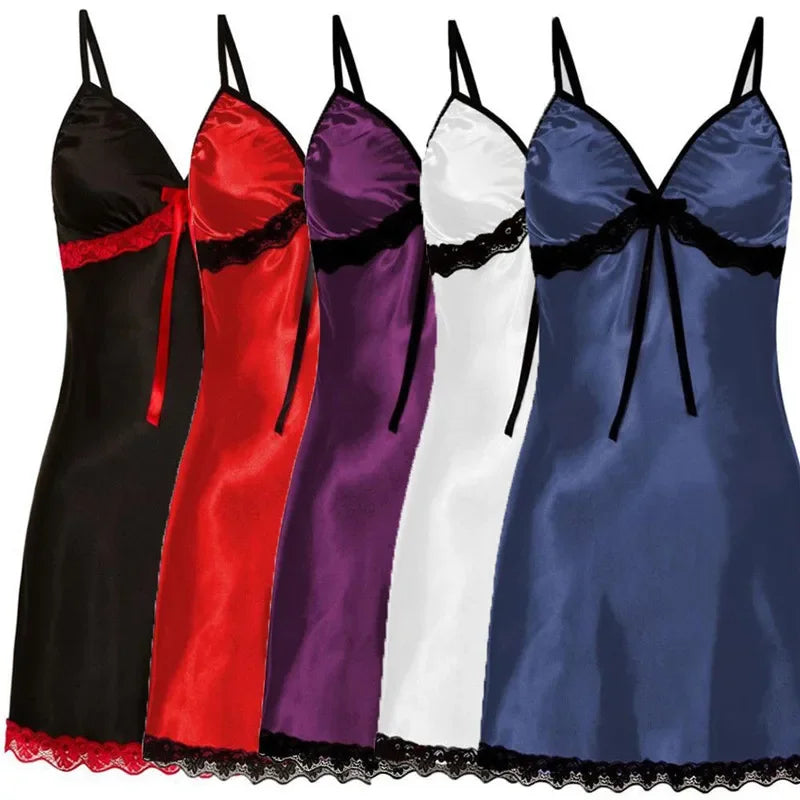 Sleepwear Lingerie Lace Silk Satin Nightdress Sleeveless Straps Mini Dress with Panties Nighties Nightgown