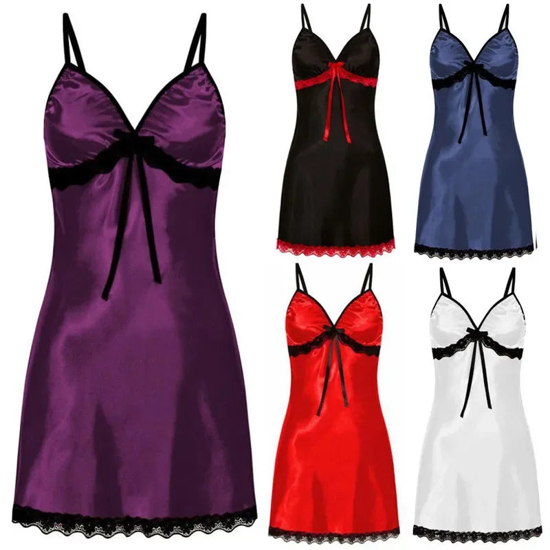 Sleepwear Lingerie Lace Silk Satin Nightdress Sleeveless Straps Mini Dress with Panties Nighties Nightgown
