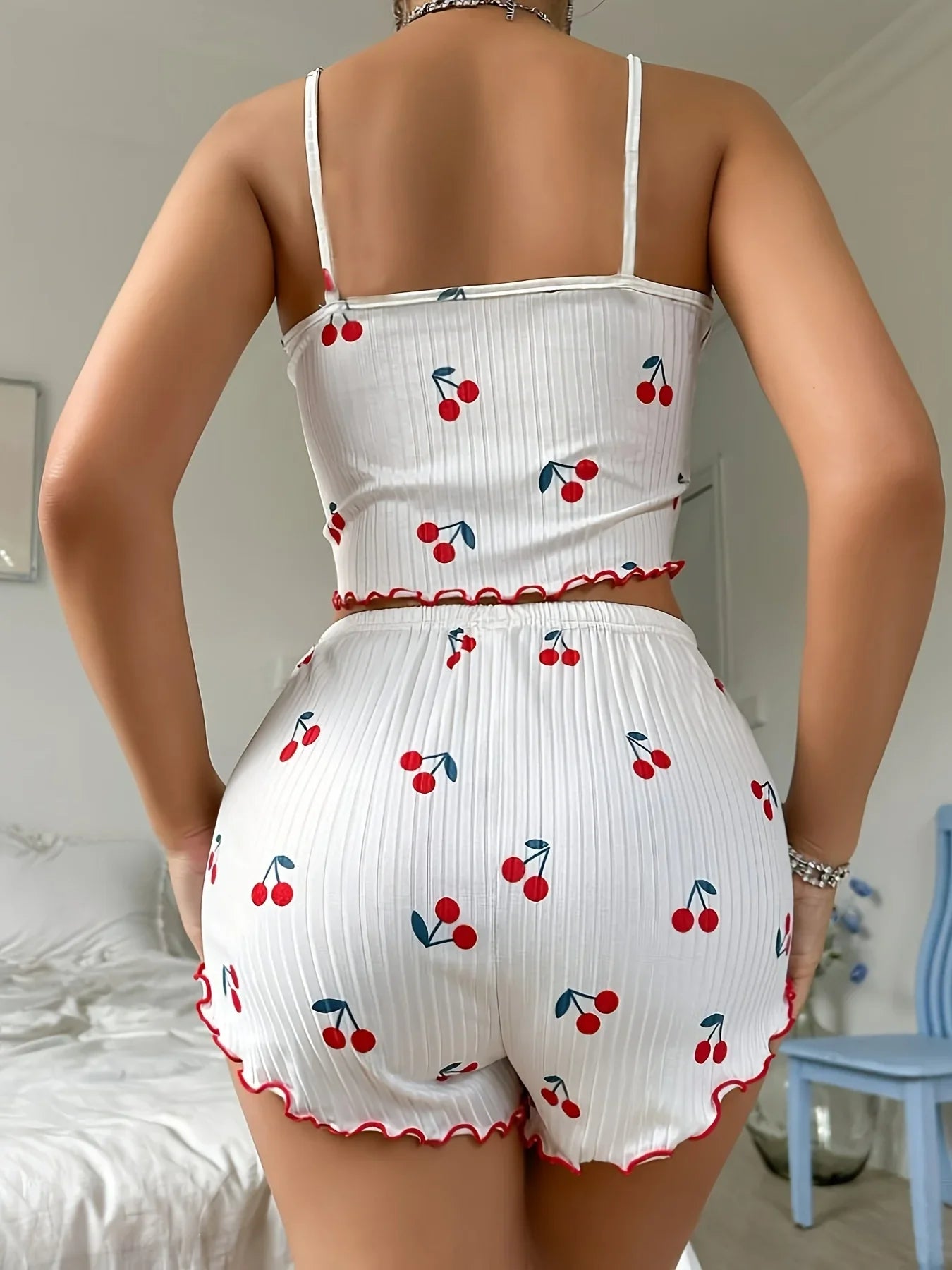 Sleepwear Casual Underwear Strawberry Print Camisole and Shorts Pajama Set Ventilate Soft Loungewear