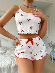 Sleepwear Casual Underwear Strawberry Print Camisole and Shorts Pajama Set Ventilate Soft Loungewear