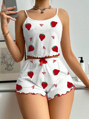 Sleepwear Pajama Set Cherry Print Frill Trim Ribbed Round Neck Backless Crop Cami Top & Shorts Lounge Set