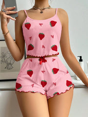 Sleepwear Pajama Set Cherry Print Frill Trim Ribbed Round Neck Backless Crop Cami Top & Shorts Lounge Set