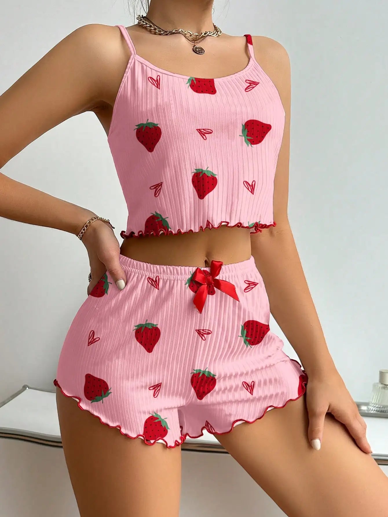 Sleepwear Pajama Set Cherry Print Frill Trim Ribbed Round Neck Backless Crop Cami Top & Shorts Lounge Set