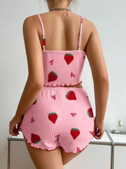 Sleepwear Pajama Set Cherry Print Frill Trim Ribbed Round Neck Backless Crop Cami Top & Shorts Lounge Set