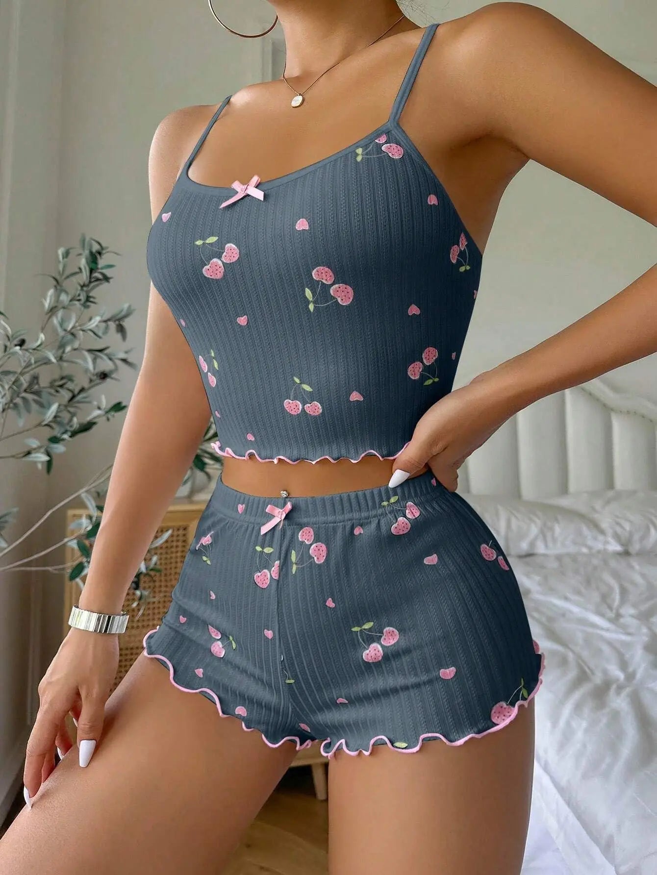 Sleepwear Summer Pajama Set Heart Print Ribbed Bow Decor Round Neck Backless Crop Cami Top & Shorts Nightwear