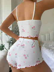 Sleepwear Summer Pajama Set Heart Print Ribbed Bow Decor Round Neck Backless Crop Cami Top & Shorts Nightwear