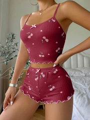 Sleepwear Summer Pajama Set Heart Print Ribbed Bow Decor Round Neck Backless Crop Cami Top & Shorts Nightwear