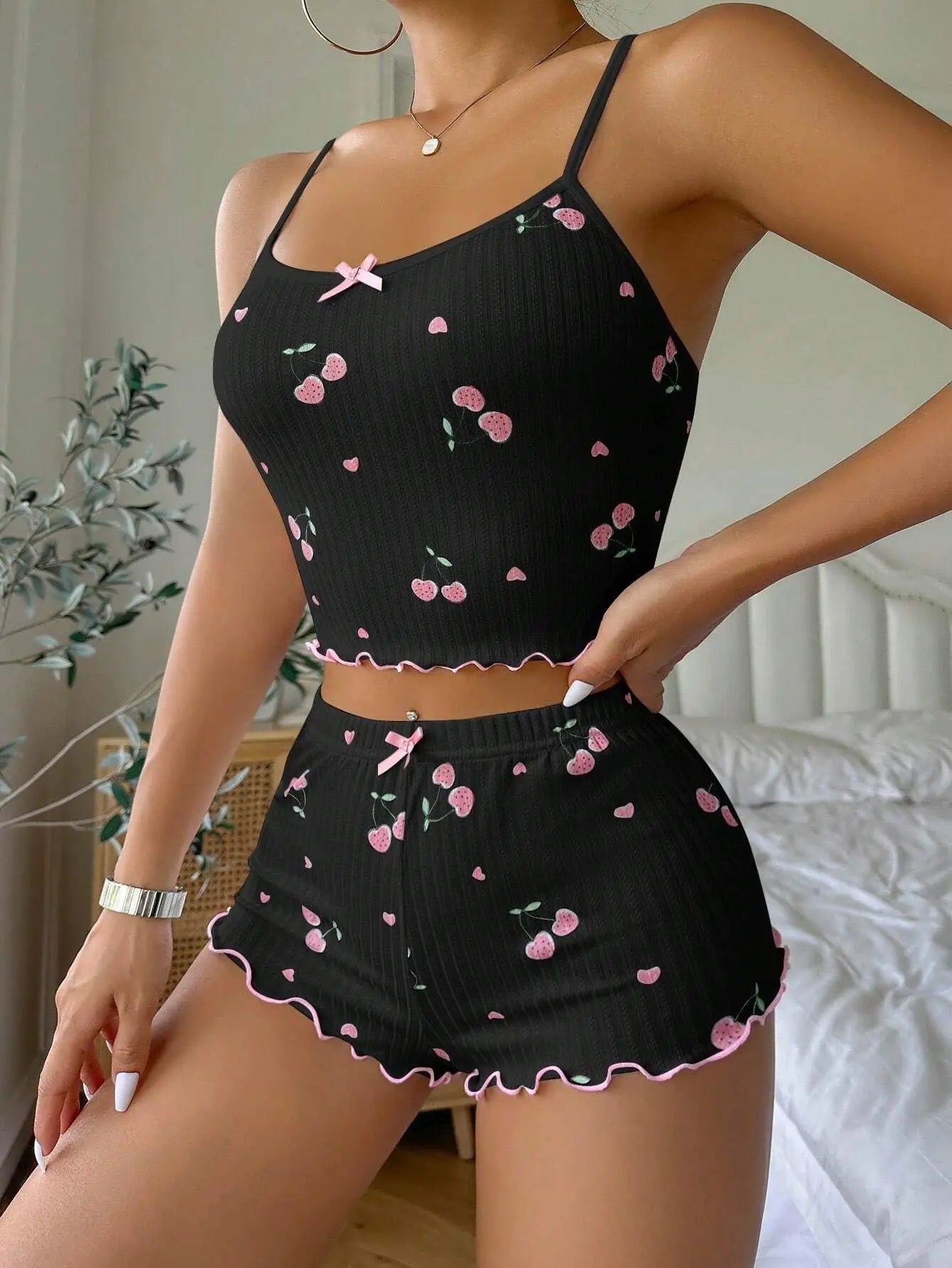 Sleepwear Summer Pajama Set Heart Print Ribbed Bow Decor Round Neck Backless Crop Cami Top & Shorts Nightwear