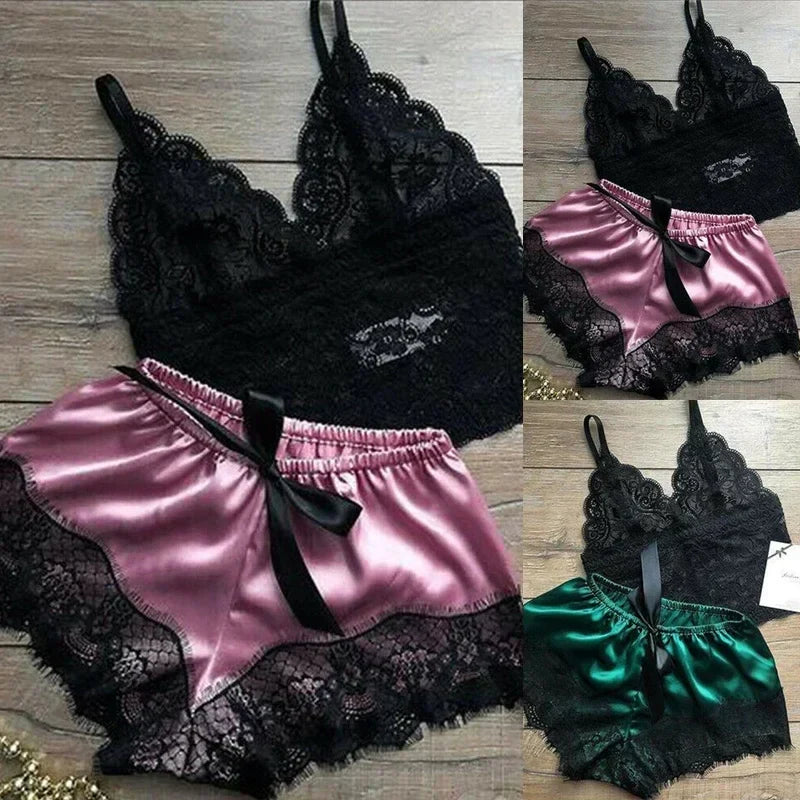 Sleepwear Womens Pajamas Set Lace Nachtkleding Lingerie Sleeveless V-Neck Tops and Shorts Sets Nightwear Loungewear