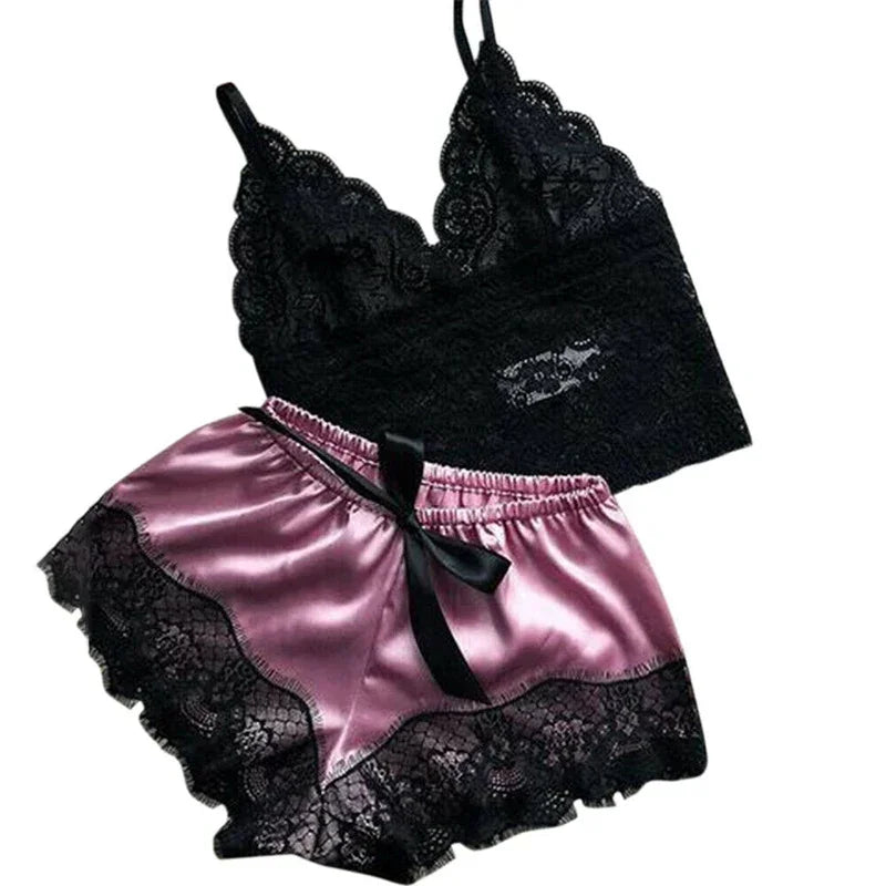 Sleepwear Womens Pajamas Set Lace Nachtkleding Lingerie Sleeveless V-Neck Tops and Shorts Sets Nightwear Loungewear