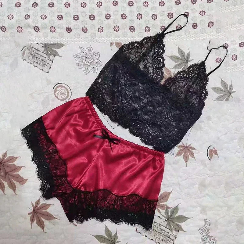 Sleepwear Womens Pajamas Set Lace Nachtkleding Lingerie Sleeveless V-Neck Tops and Shorts Sets Nightwear Loungewear