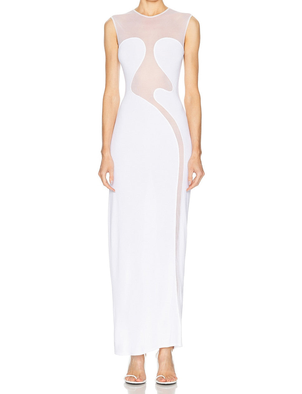 Sleeveless Mesh Insert Maxi Dress White