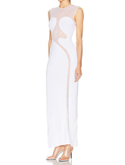 Sleeveless Mesh Insert Maxi Dress White