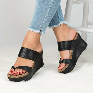 Slip On Leather Wedge Sandals Open Toe Style Broad Foot Strap