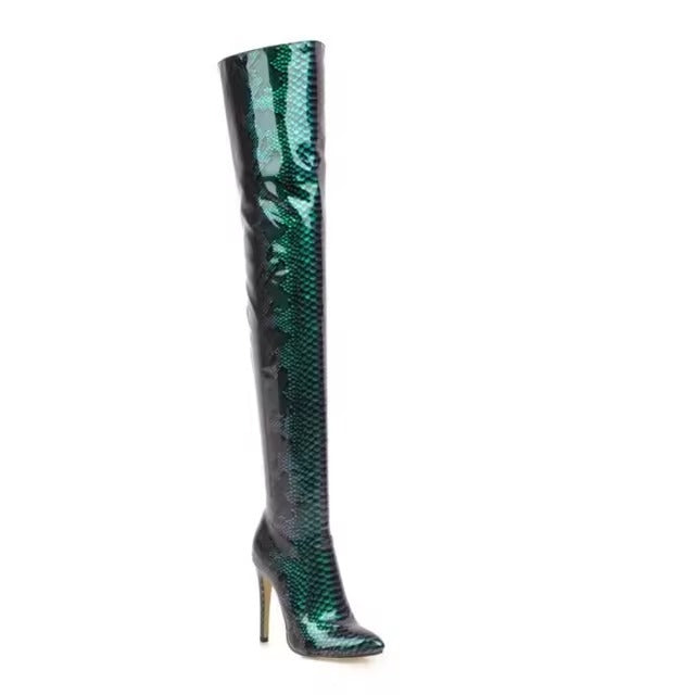 Snake Print patent high thin heels pointed toe party overknee PU boots