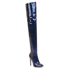 Snake Print patent high thin heels pointed toe party overknee PU boots