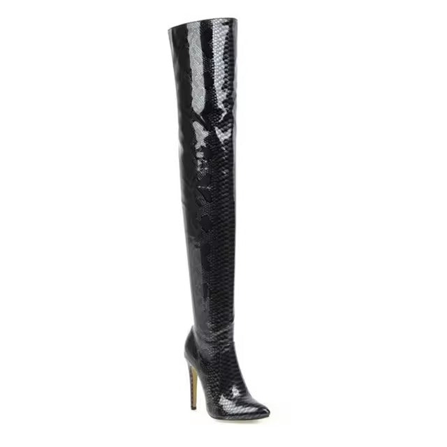Snake Print patent high thin heels pointed toe party overknee PU boots
