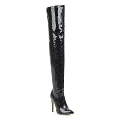 Snake Print patent high thin heels pointed toe party overknee PU boots