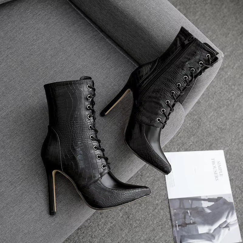 Snakeskin Grain Ankle Boots High Heels Pointed Toe Lace-Up Shoes