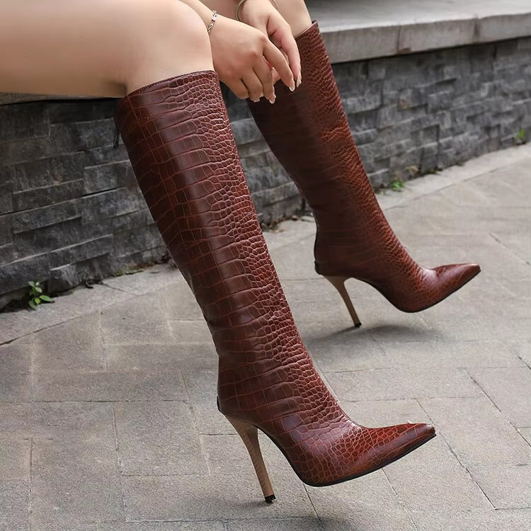 Snakeskin Print with Zipper Pointy Toe Thin High Heels Knee High Long Boots