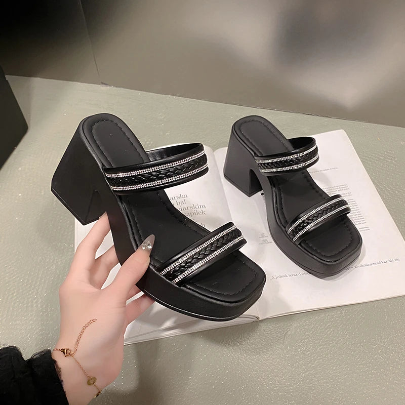 Soft And Comfortable Double Belt Thick-Sole Open-Toe High Heels