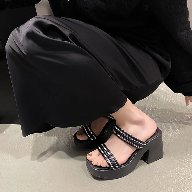 Soft And Comfortable Double Belt Thick-Sole Open-Toe High Heels