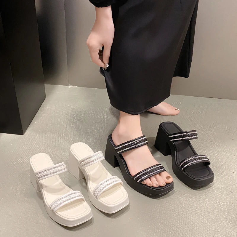 Soft And Comfortable Double Belt Thick-Sole Open-Toe High Heels