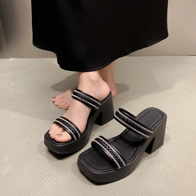 Soft And Comfortable Double Belt Thick-Sole Open-Toe High Heels