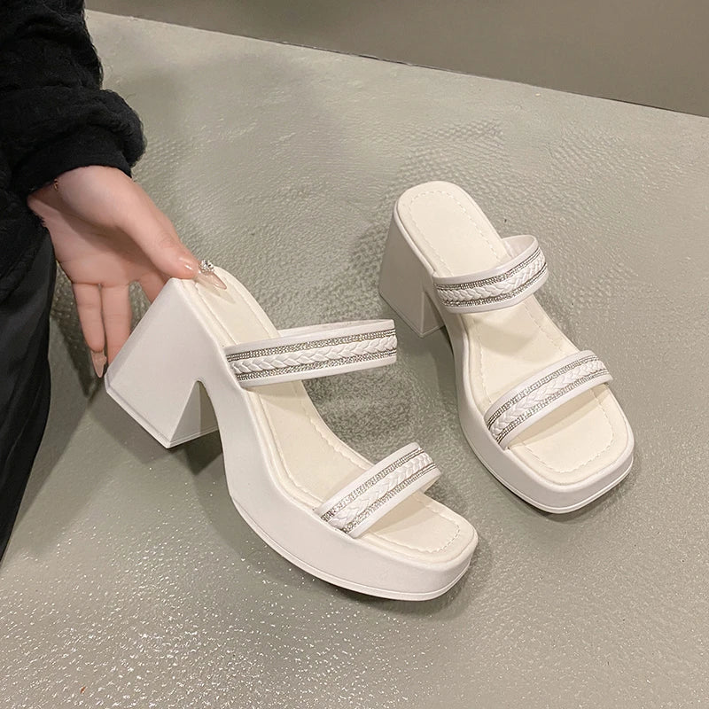 Soft And Comfortable Double Belt Thick-Sole Open-Toe High Heels