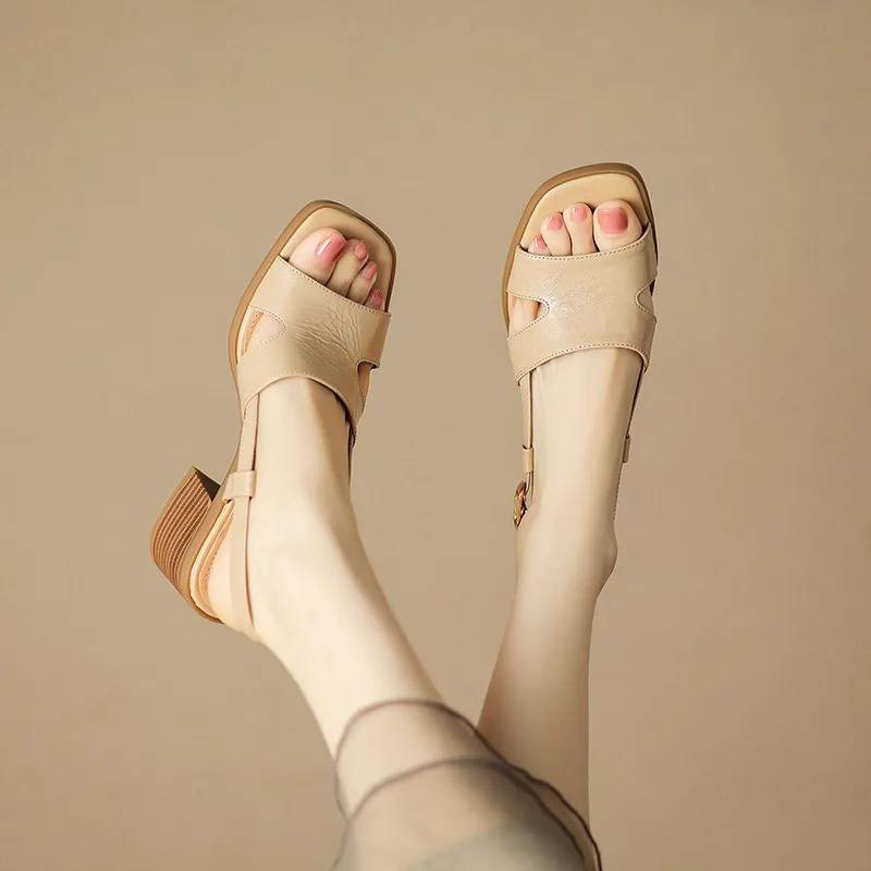 Soft Comfortable Versatile Retro Square Head Thick Heel Open Toe Sandals