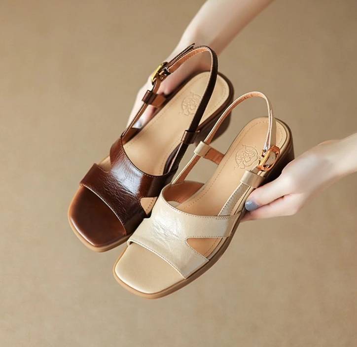 Soft Comfortable Versatile Retro Square Head Thick Heel Open Toe Sandals