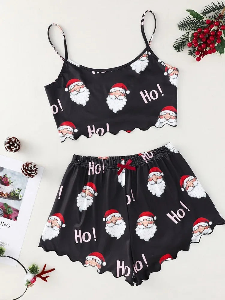 Soft Festival Christmas Cute Gingerbread Print Pajama Set Sleepwear 2 Pieces Crop Tops and Shorts Loungewear