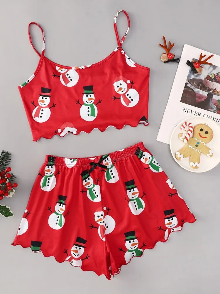 Soft Festival Christmas Cute Gingerbread Print Pajama Set Sleepwear 2 Pieces Crop Tops and Shorts Loungewear