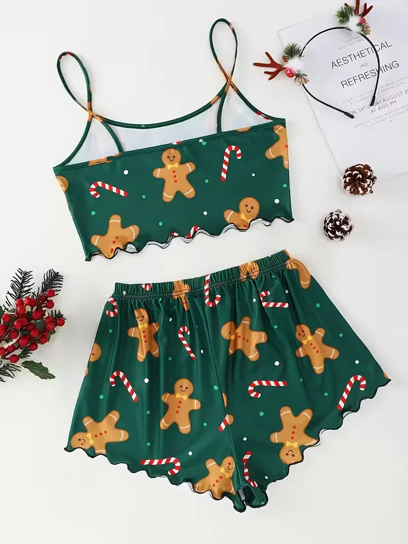 Soft Festival Christmas Cute Gingerbread Print Pajama Set Sleepwear 2 Pieces Crop Tops and Shorts Loungewear